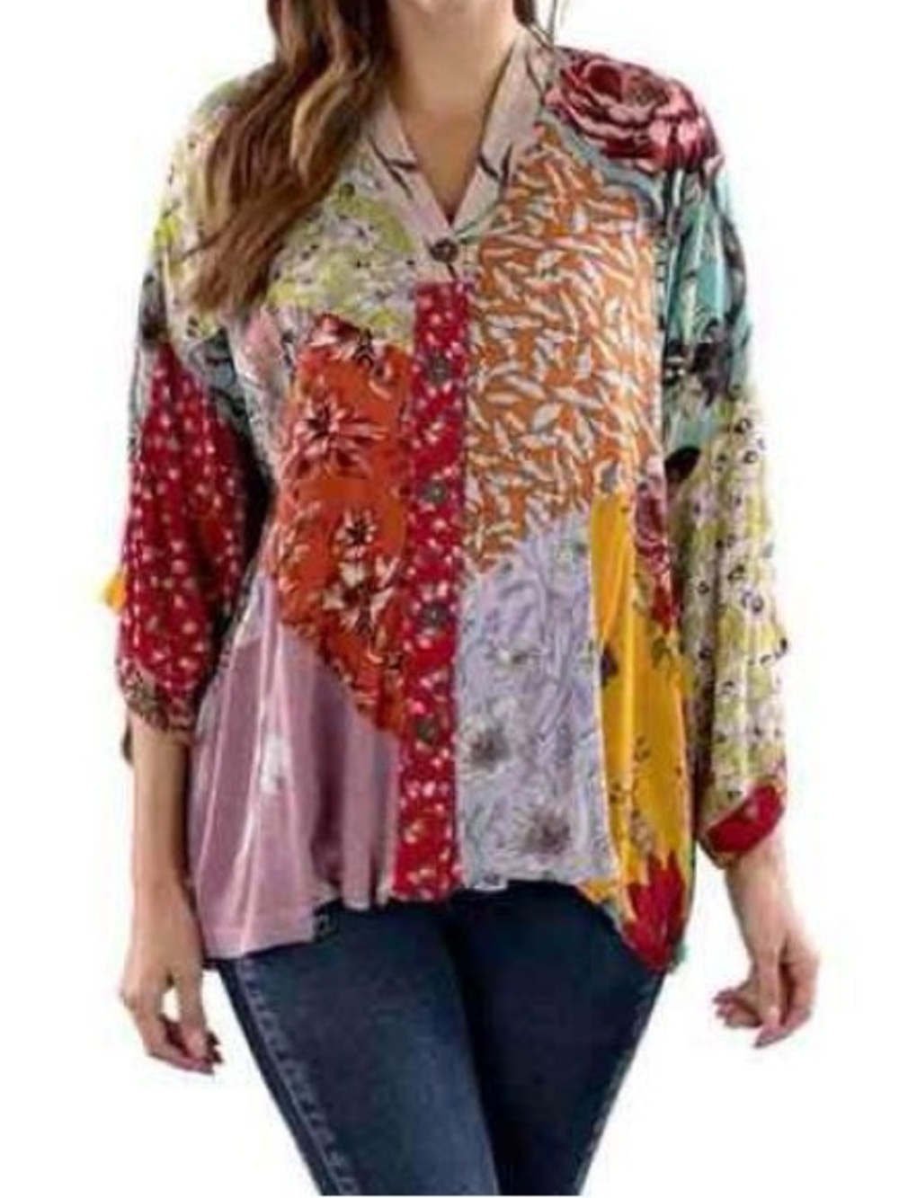 Sacred Threads Multicolor Patchwork Floral Button-Front Top